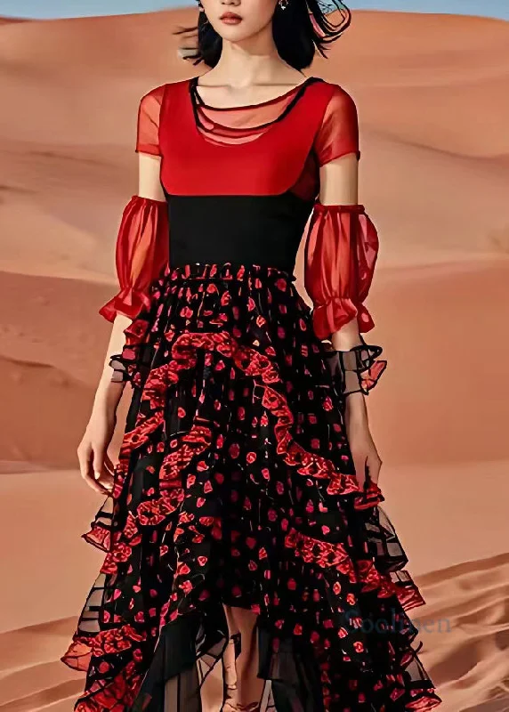 Vogue Red Ruffled Tulle Patchwork Chiffon Long Dresses Long Sleeve Tunics Cozy soft