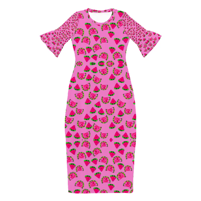 Watermelon Pattern Custom Lotus Leaf Short Sleeve Long Dress Women's Summer Fashion Dress Tunics Sale discount Watermelon Pattern Custom Lotus Leaf Short Sleeve Long Dress Women's Summer Fashion Dress Tunics Sale discount
