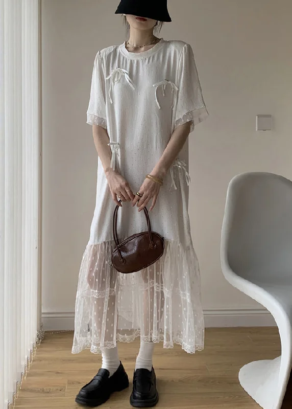 White Bow Tulle Patchwork Cotton Summer Long Dress O Neck Tunics Seasonal trendy