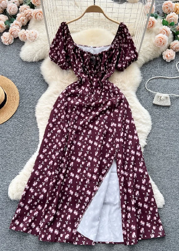 Wine Red Print Cotton Long Dresses Square Collar Short Sleeve Tunics Handmade artisanal