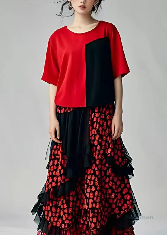 Women Red Print Tulle Holiday Tulle Long Dress Short Sleeve Tunics Luxurious high-end