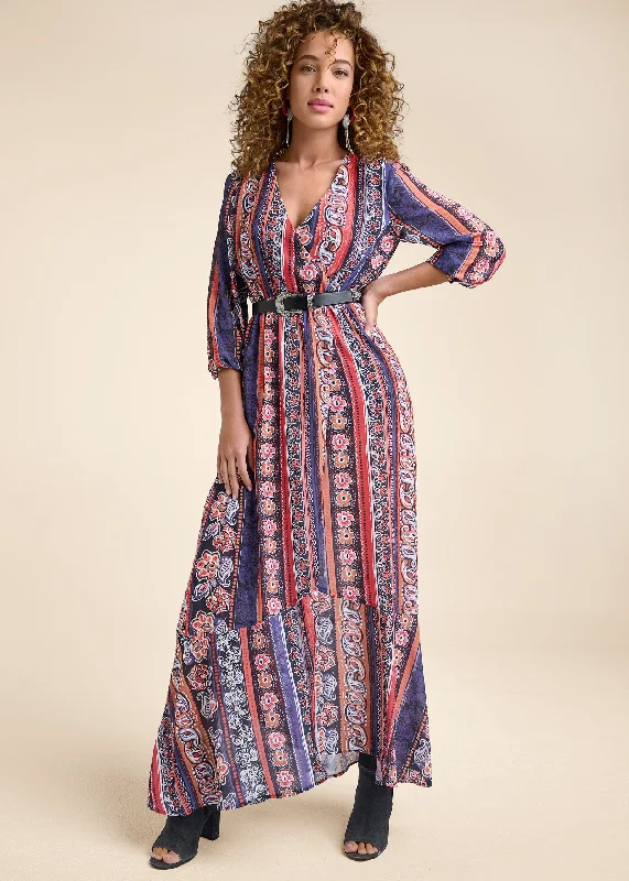 Printed Stripe Long Dress  - Orange Multi Tunics Winter warm
